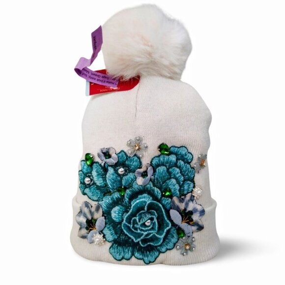 Vibrate Jewel Tone Floral Embroidered Off White Pearl Accent Knit Beanie  TT1521 - Picture 1 of 5